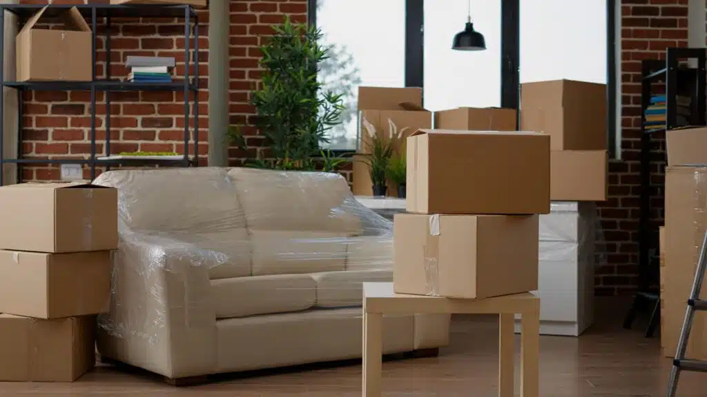 Cardboard packing cartons staged in an empty commercial space on relocation day